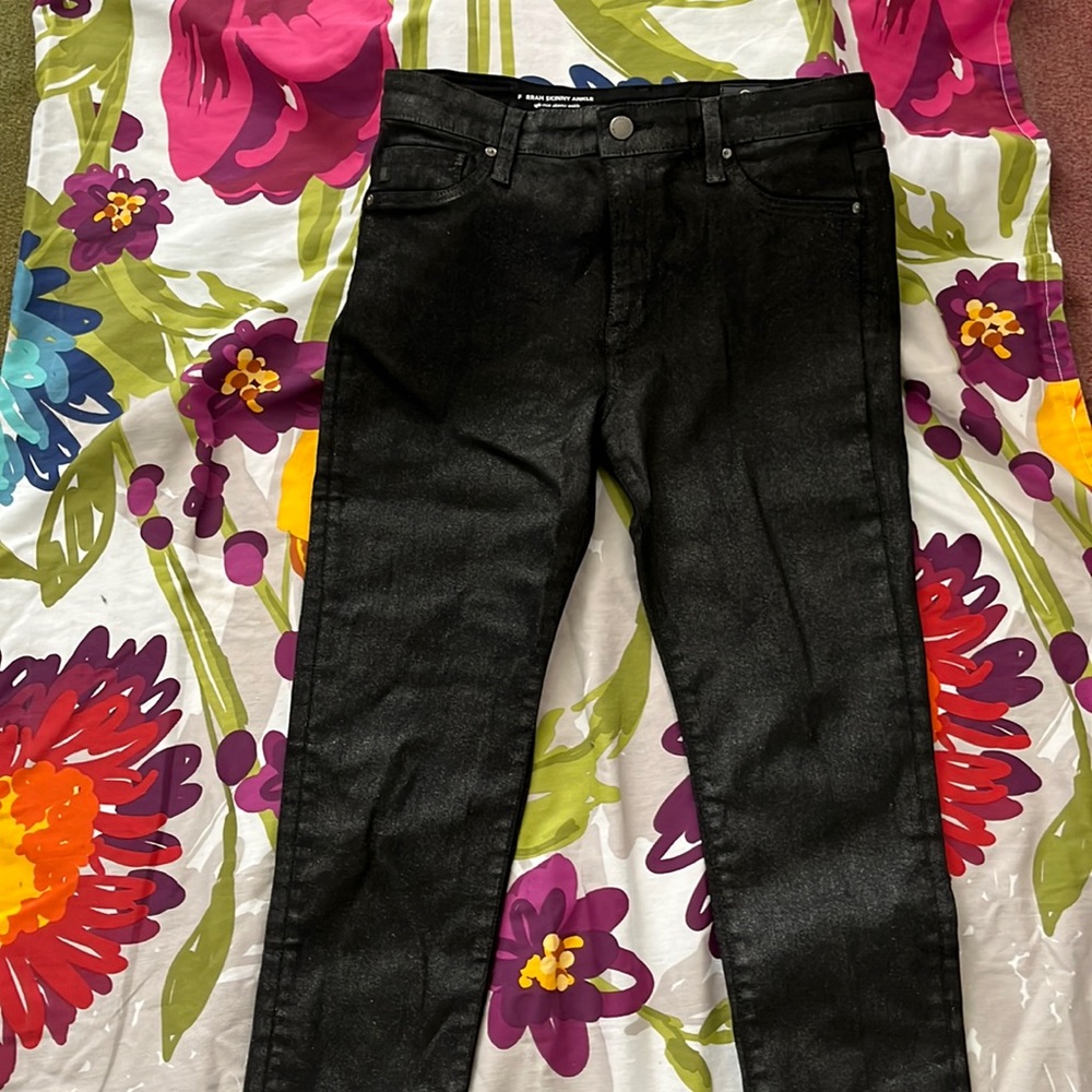 AG black jeans high raise skinny ankle, silver shimmer in fabric